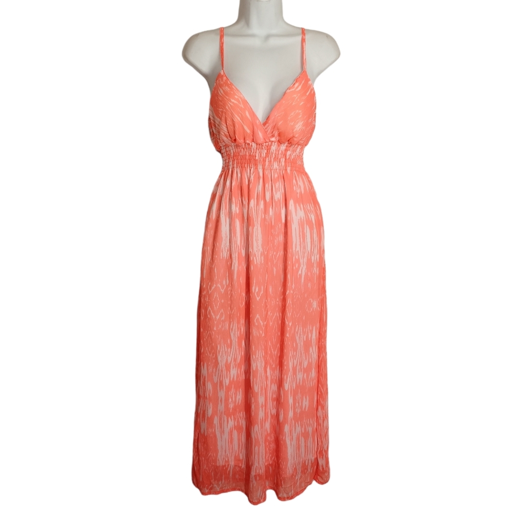 SHE'S COOL Coral Orange Print Sleeveless Smocked Stretchy Maxi Dress Small